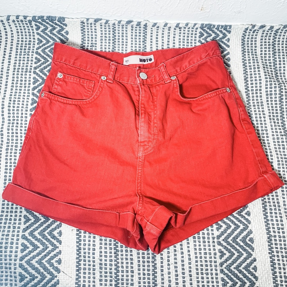 Topshop Moto High Waisted Red Denim Shorts